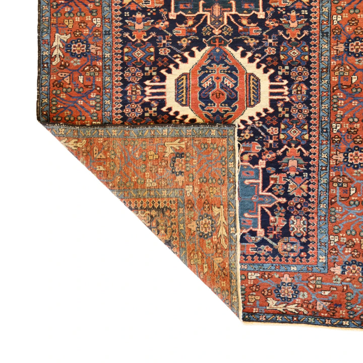 5'0" x 6'4" NAVY AND RED KARAJEH GEOMETRIC PERSIAN RUG