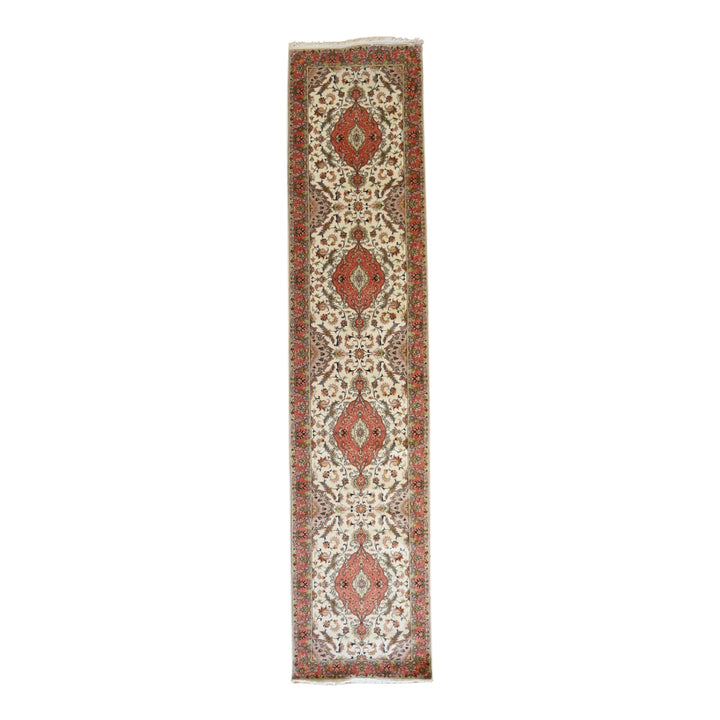 3' 0" x 13' 6" IVORY AND PINK TABRIZ FLORAL PERSIAN RUG