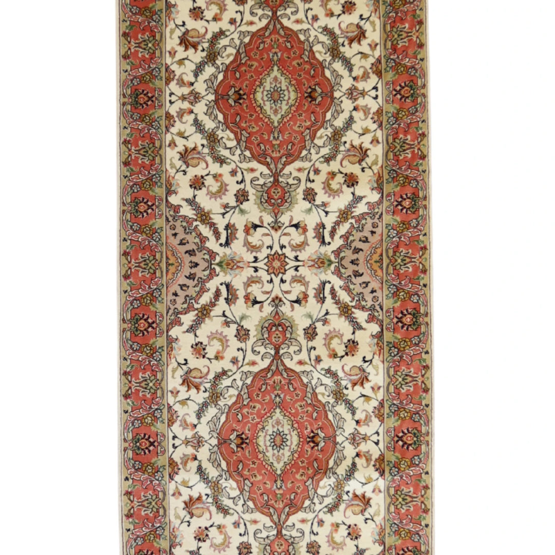 3' 0" x 13' 6" IVORY AND PINK TABRIZ FLORAL PERSIAN RUG