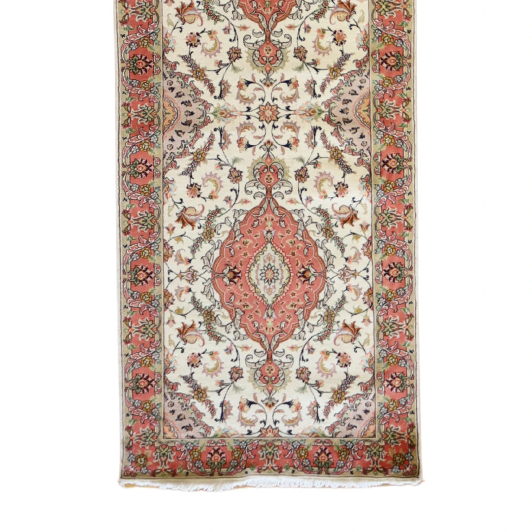 3' 0" x 13' 6" IVORY AND PINK TABRIZ FLORAL PERSIAN RUG