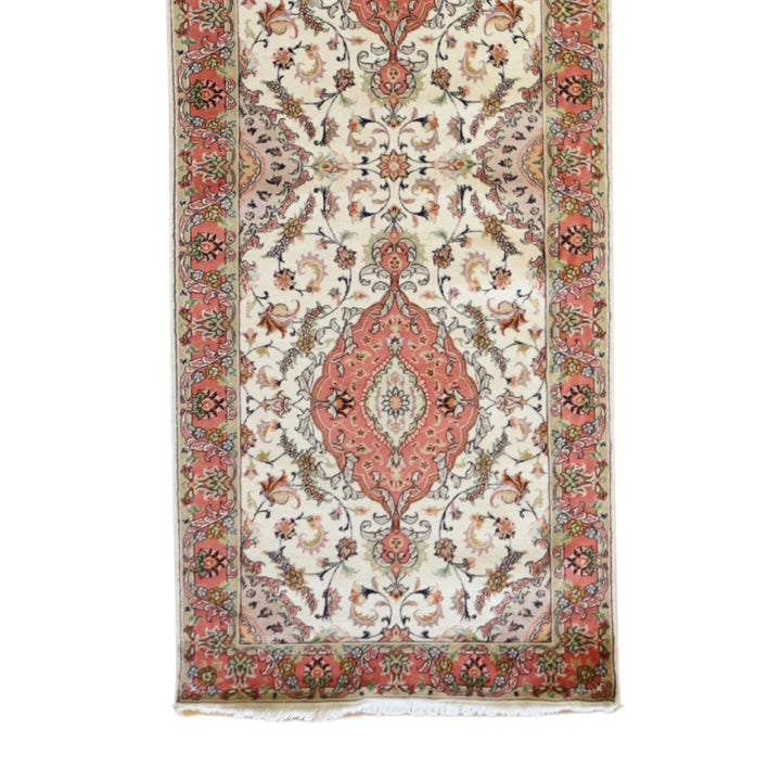 3' 0" x 13' 6" IVORY AND PINK TABRIZ FLORAL PERSIAN RUG