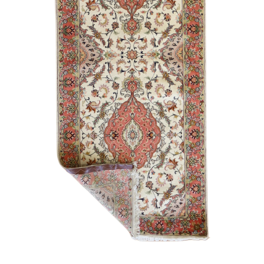 3' 0" x 13' 6" IVORY AND PINK TABRIZ FLORAL PERSIAN RUG