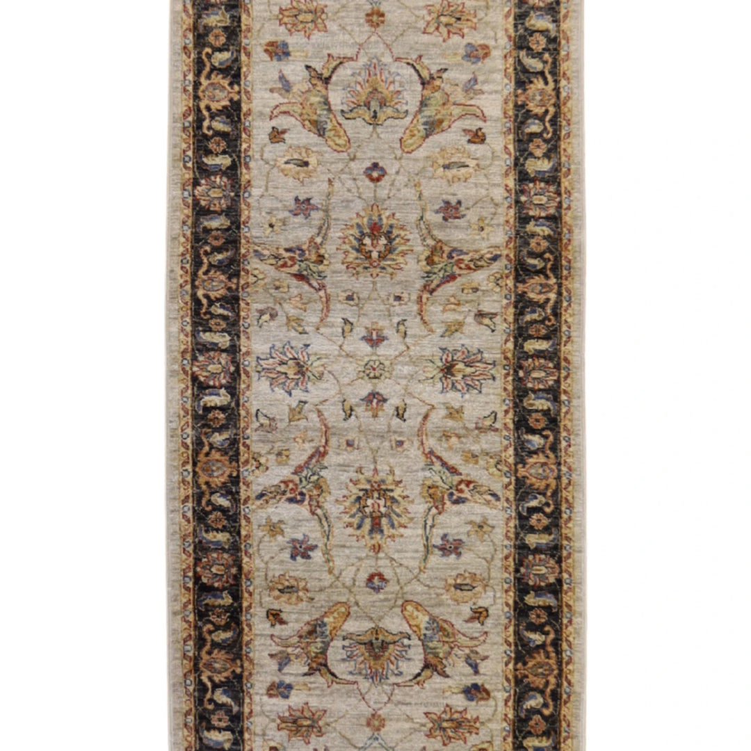 2' 7" x 9' 8" TAN AND CHARCOAL JAIPUR FLORAL INDIAN RUG