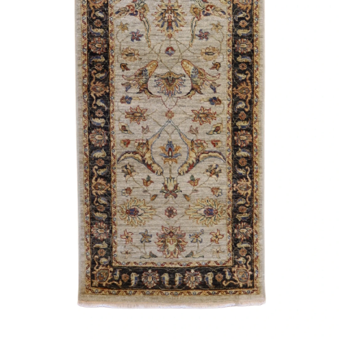 2' 7" x 9' 8" TAN AND CHARCOAL JAIPUR FLORAL INDIAN RUG