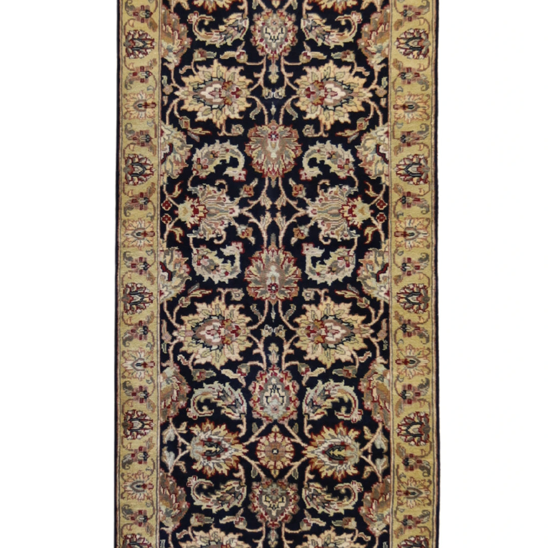 2'9" x 10'0" BLACK AND GOLD JAIPUR FLORAL INDIAN RUG