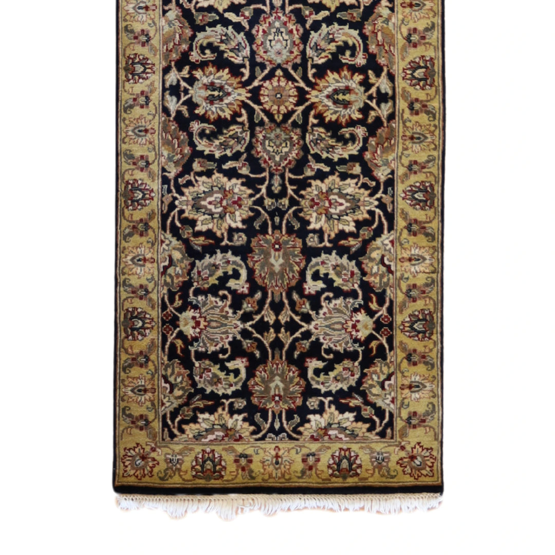 2'9" x 10'0" BLACK AND GOLD JAIPUR FLORAL INDIAN RUG