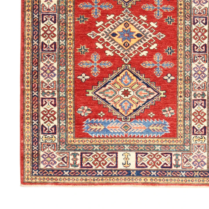 3'3" x 4'7" RED AND IVORY KAZAK GEOMETRIC PAKISTANI RUG