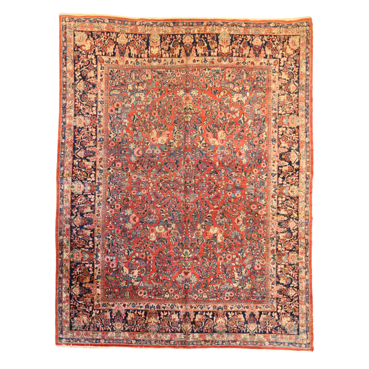 8'9" x 11'3" RUST AND BLUE SAROUK ANTIQUE PERSIAN RUG