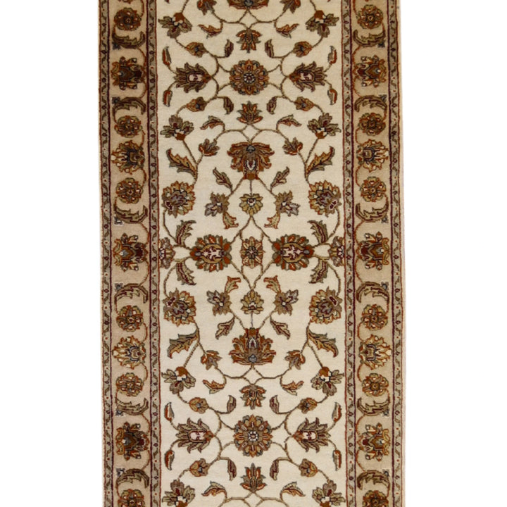 2'7" x 12'0" IVORY AND TAN JAIPUR FLORAL INDIAN RUG