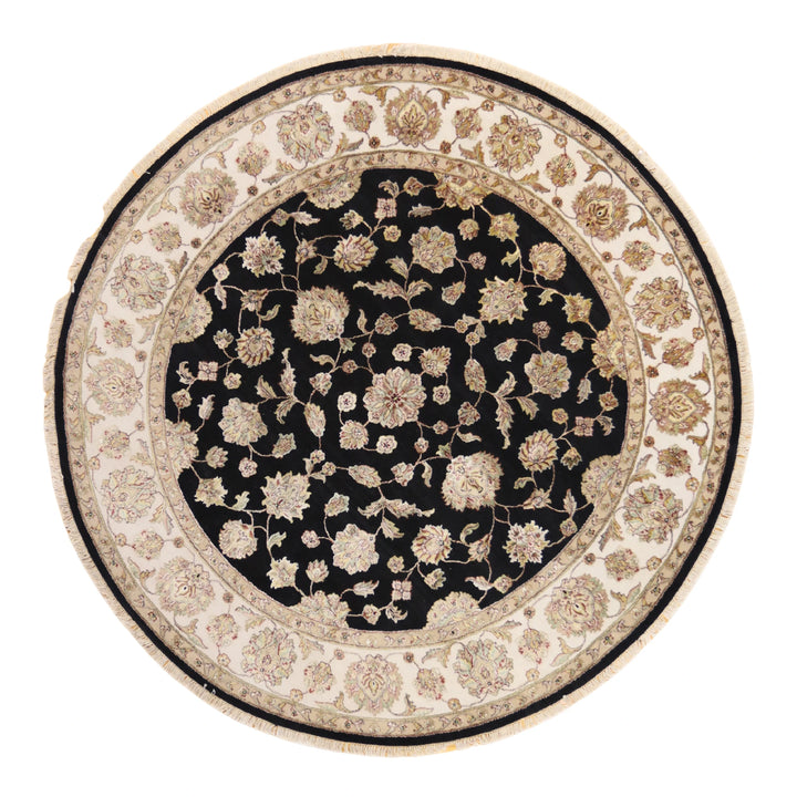 8'0" x 8'0" BLACK AND IVORY JAIPUR FLORAL INDIAN RUG