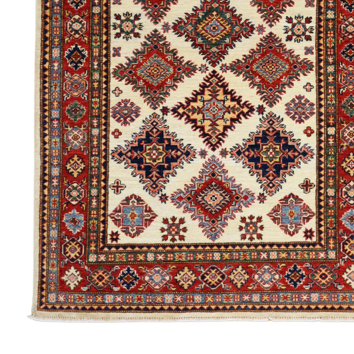 3'10" x 6'3" BEIGE AND RED KAZAK GEOMETRIC PAKISTANI RUG