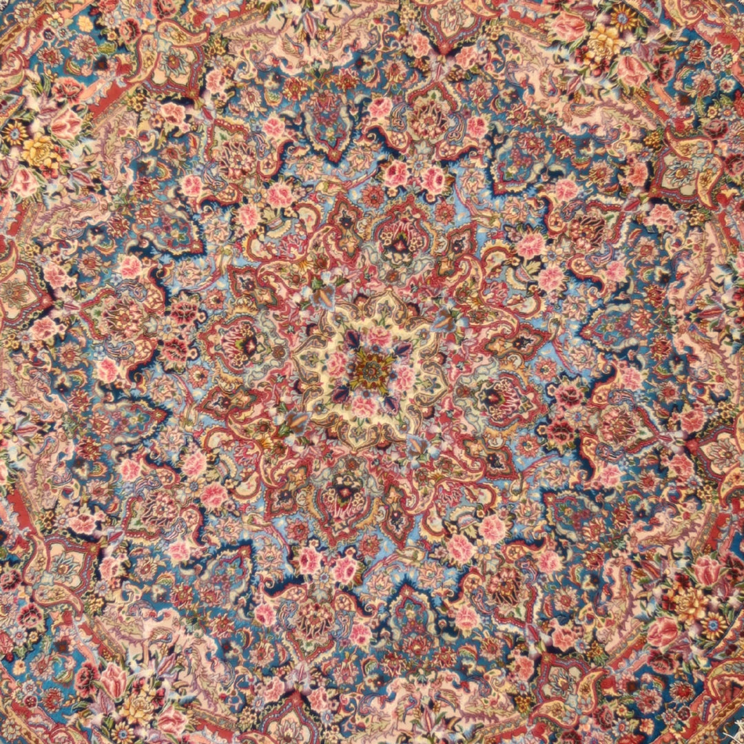 6'7" x 6'7" TEAL AND BEIGE TABRIZ FLORAL PERSIAN RUG