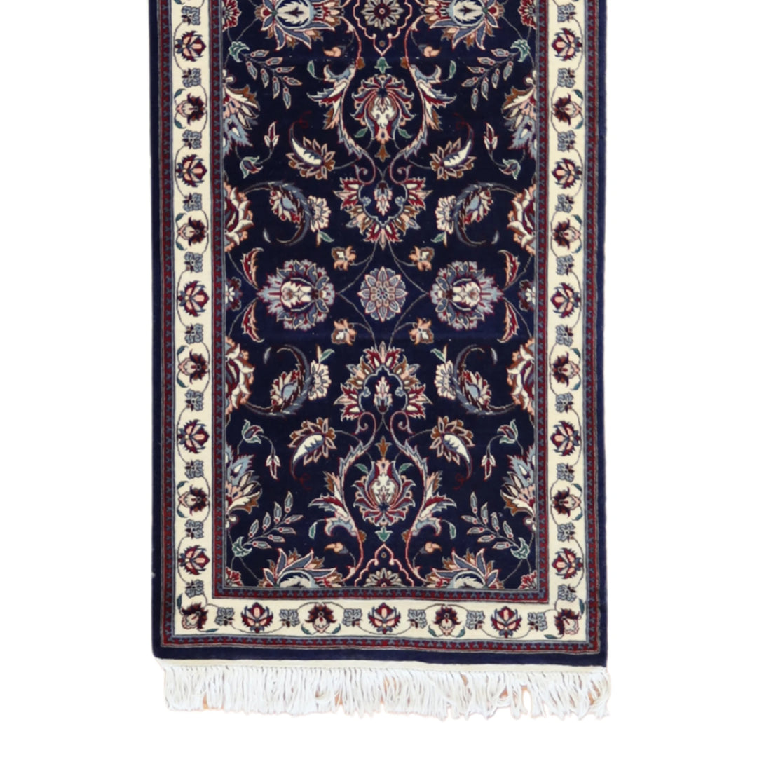 2'7" x 10'3" NAVY AND BEIGE KASHAN FLORAL INDIAN RUG