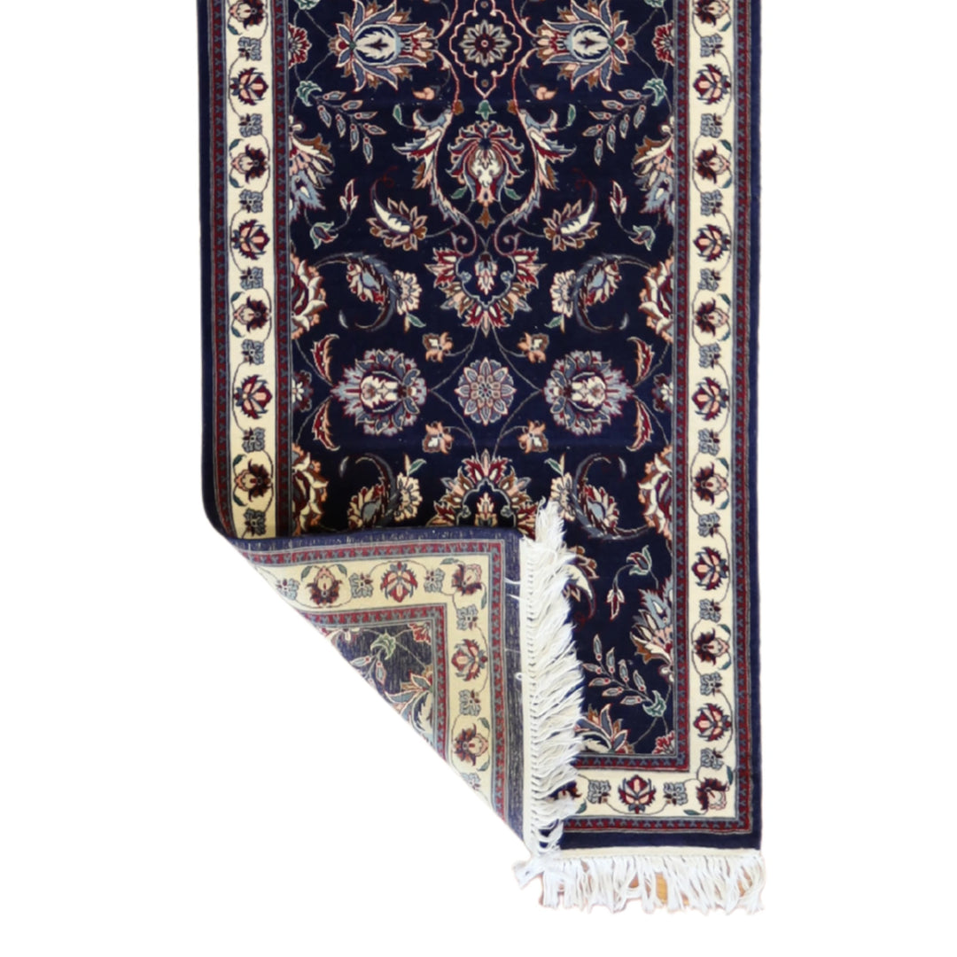 2'7" x 10'3" NAVY AND BEIGE KASHAN FLORAL INDIAN RUG