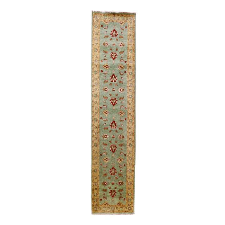 2' 9" x 12' 9" GREEN AND YELLOW OUSHAK FLORAL TURKISH RUG