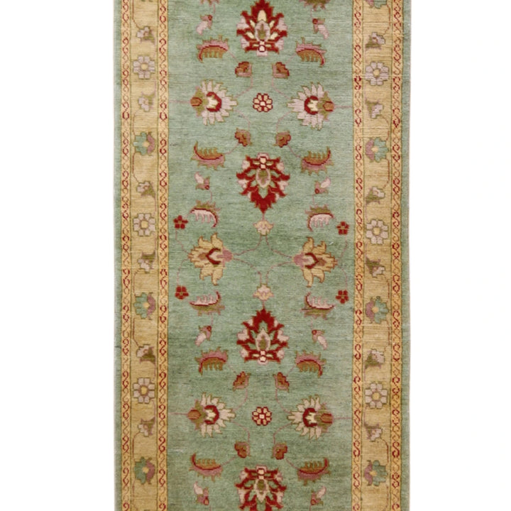 2' 9" x 12' 9" GREEN AND YELLOW OUSHAK FLORAL TURKISH RUG