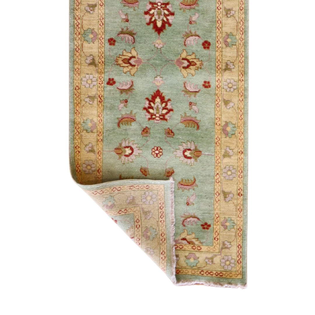 2' 9" x 12' 9" GREEN AND YELLOW OUSHAK FLORAL TURKISH RUG