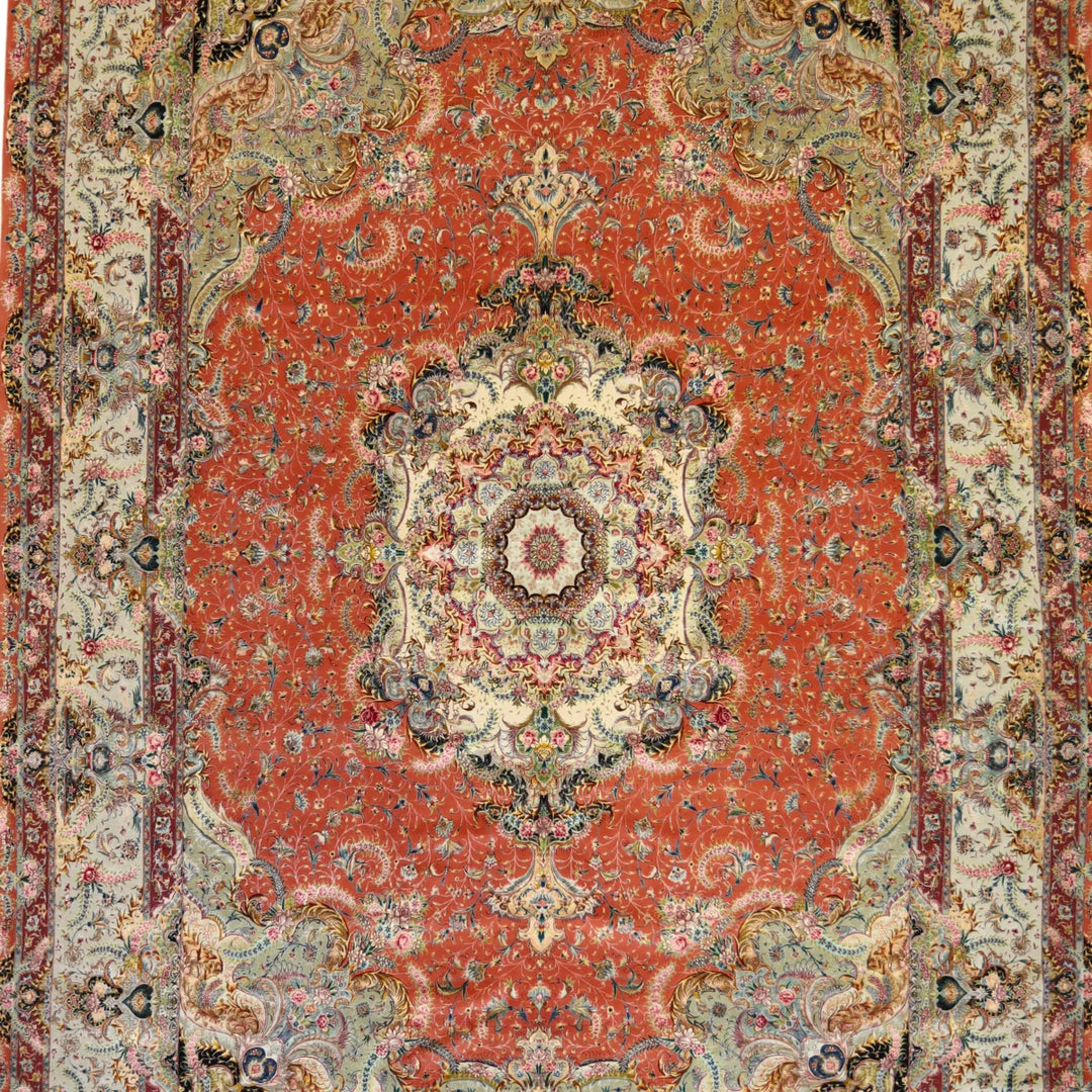 9'7" x 13'11" SALMON AND GREEN TABRIZ FLORAL PERSIAN RUG