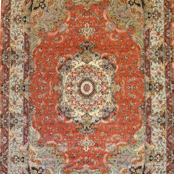 9'7" x 13'11" SALMON AND GREEN TABRIZ FLORAL PERSIAN RUG