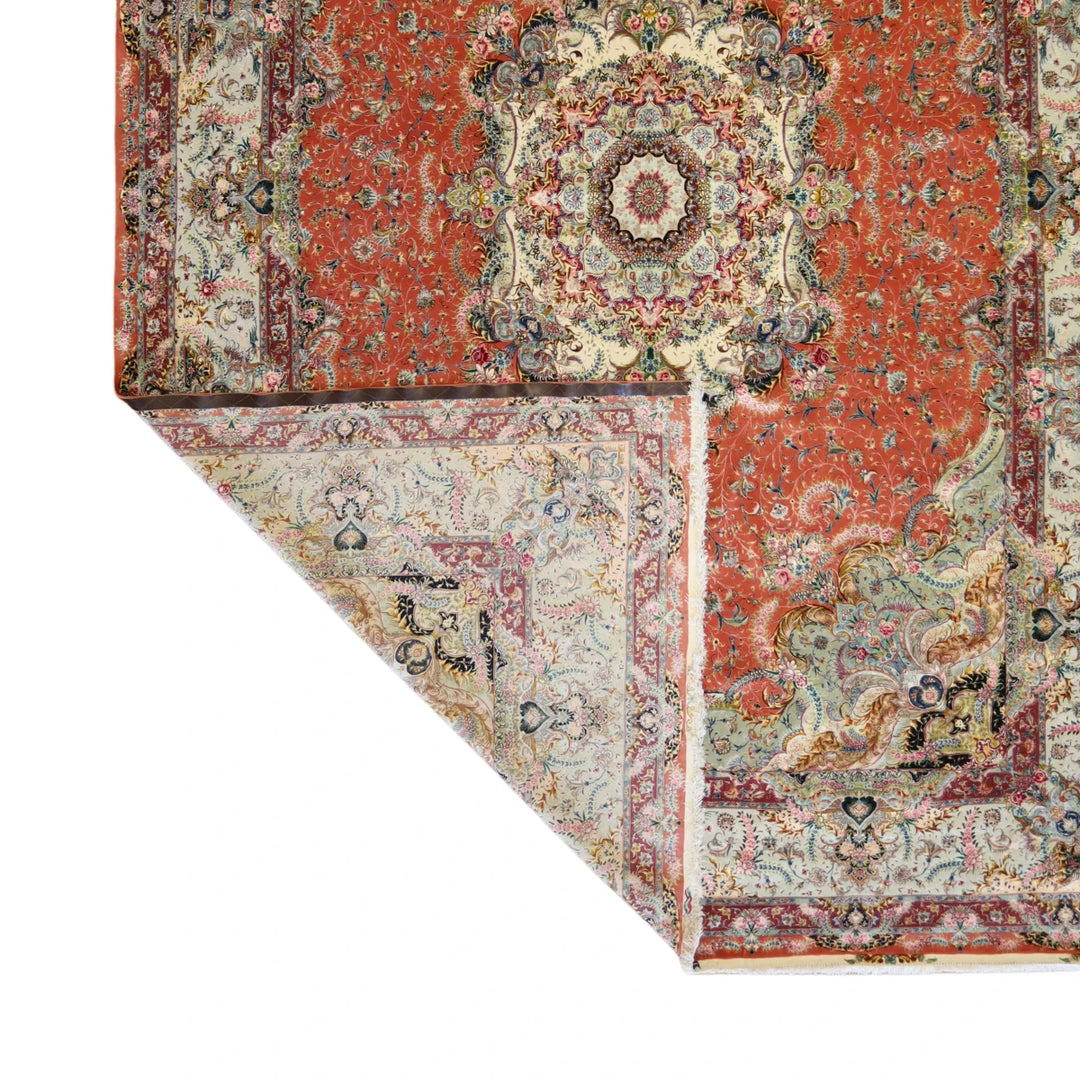 9'7" x 13'11" SALMON AND GREEN TABRIZ FLORAL PERSIAN RUG