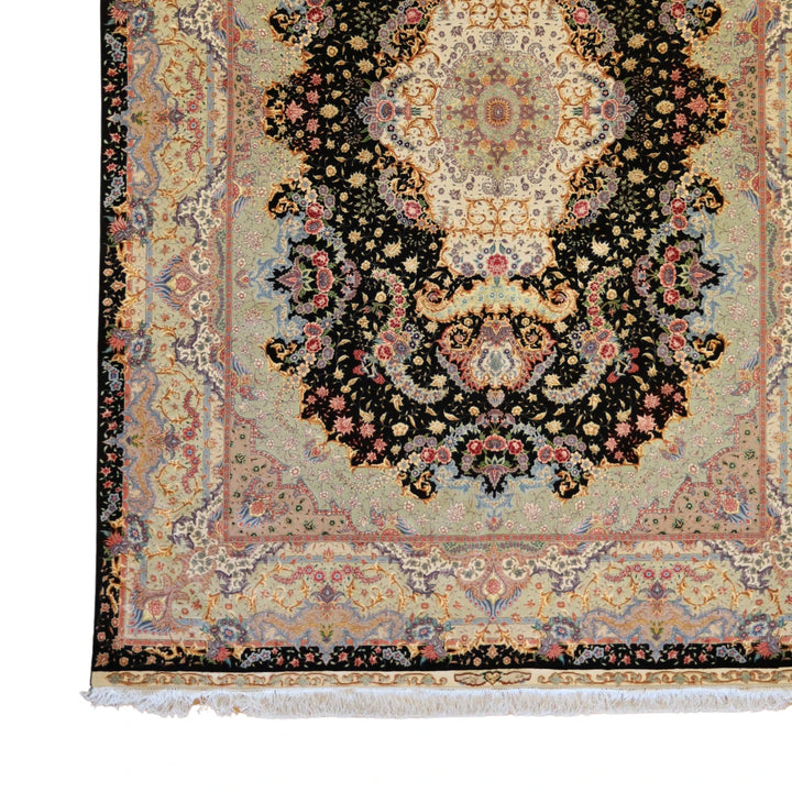 8'1" x 11'6" BLACK AND GREEN TABRIZ FLORAL PERSIAN RUG