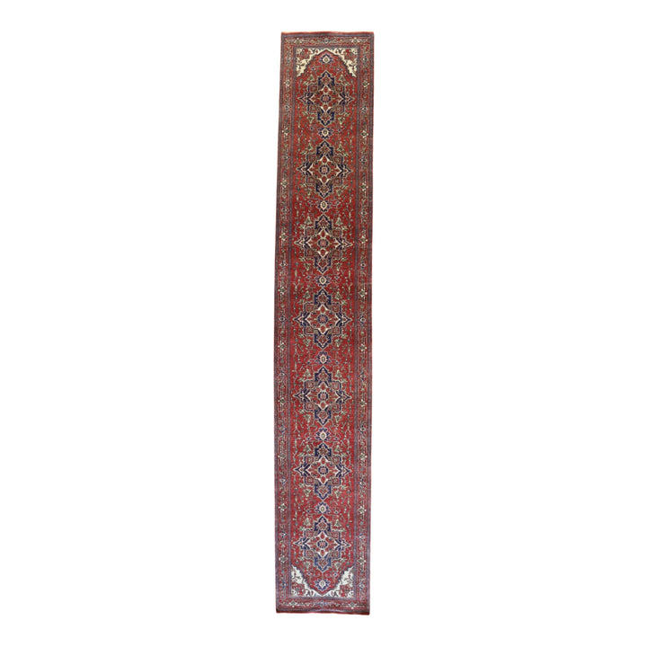 2' 8" x 16' 1" RED AND RED SERAPI GEOMETRIC INDIAN RUG