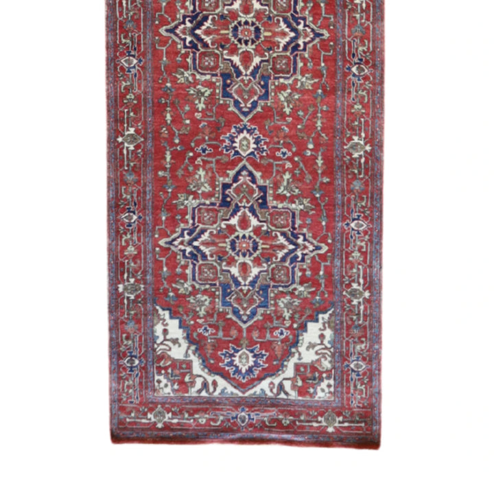2' 8" x 16' 1" RED AND RED SERAPI GEOMETRIC INDIAN RUG