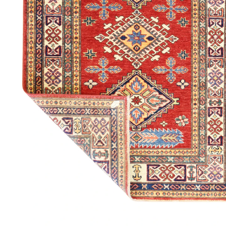 3'3" x 4'7" RED AND IVORY KAZAK GEOMETRIC PAKISTANI RUG