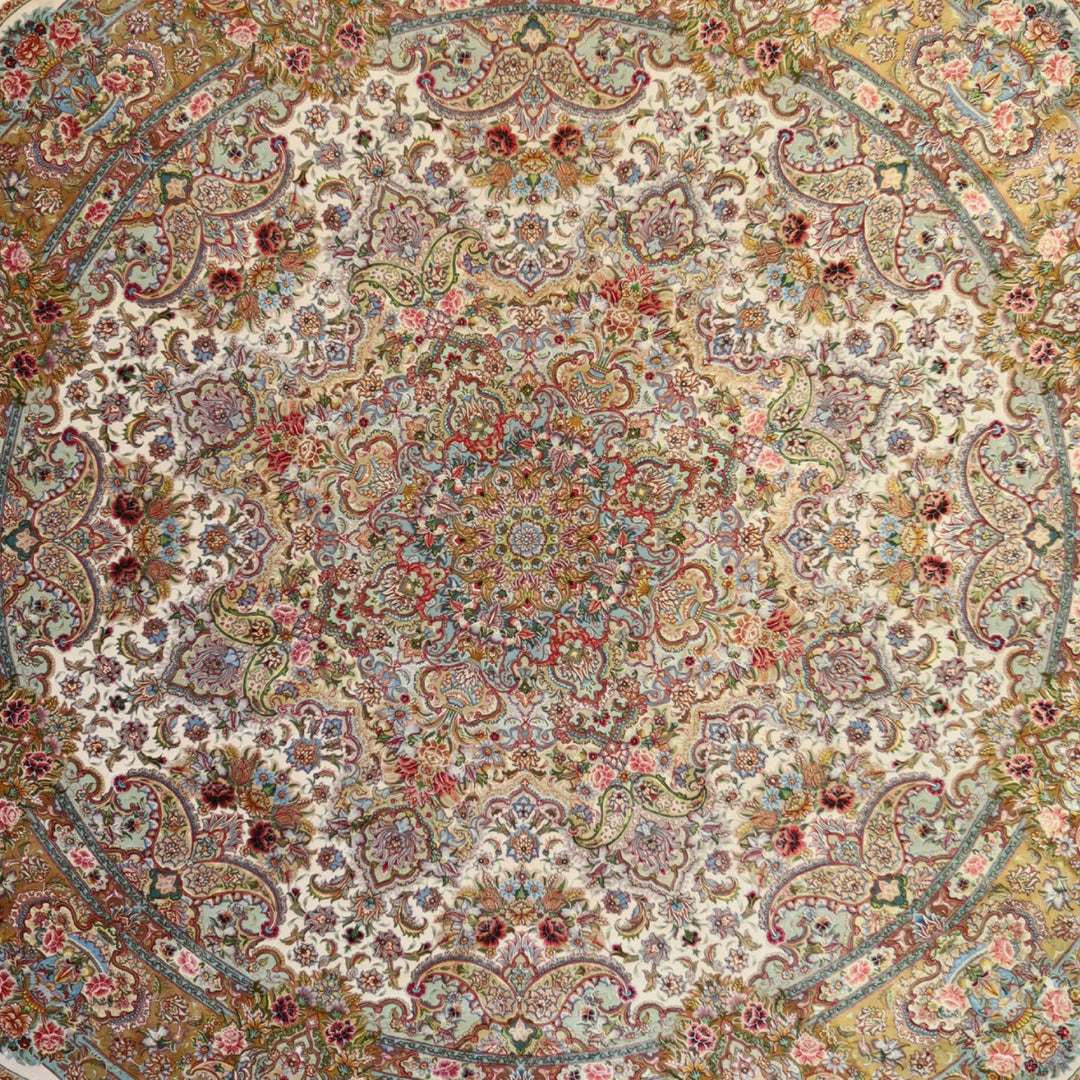 9'10" x 9'10" IVORY AND GOLD TABRIZ FLORAL PERSIAN RUG
