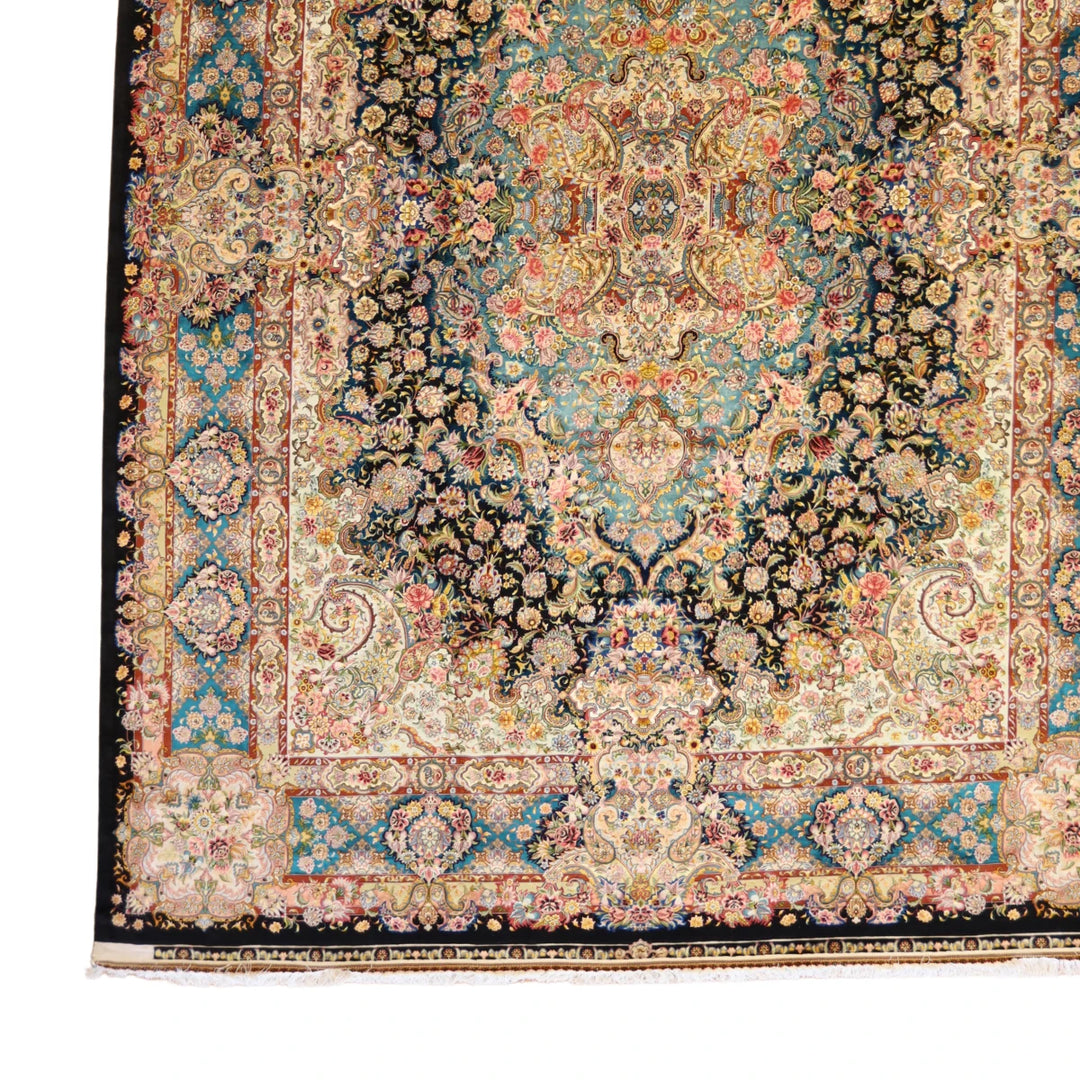 9'10" x 13'6" BLACK AND TEAL TABRIZ FLORAL PERSIAN RUG
