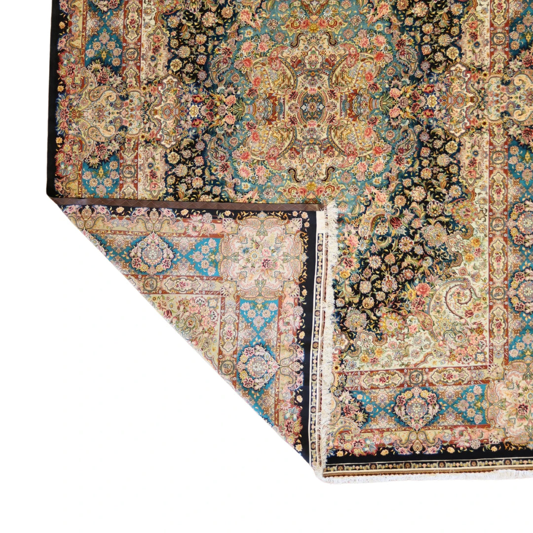 9'10" x 13'6" BLACK AND TEAL TABRIZ FLORAL PERSIAN RUG