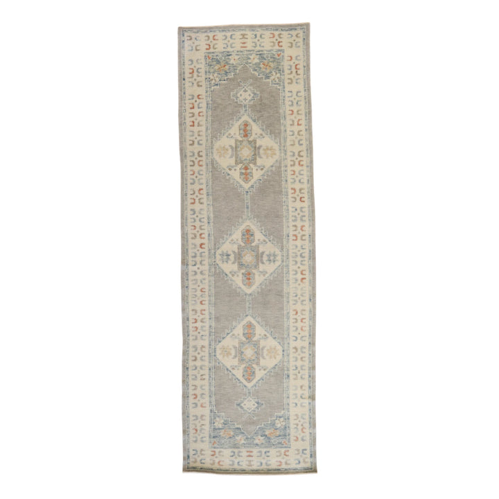 3' 0" x 10' 1" GRAY AND BEIGE OUSHAK GEOMETRIC TURKISH RUG