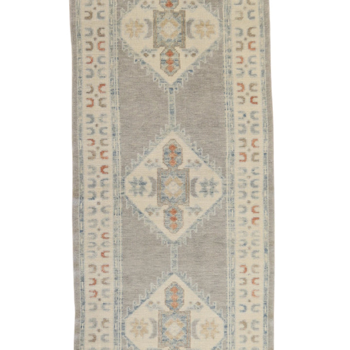 3' 0" x 10' 1" GRAY AND BEIGE OUSHAK GEOMETRIC TURKISH RUG