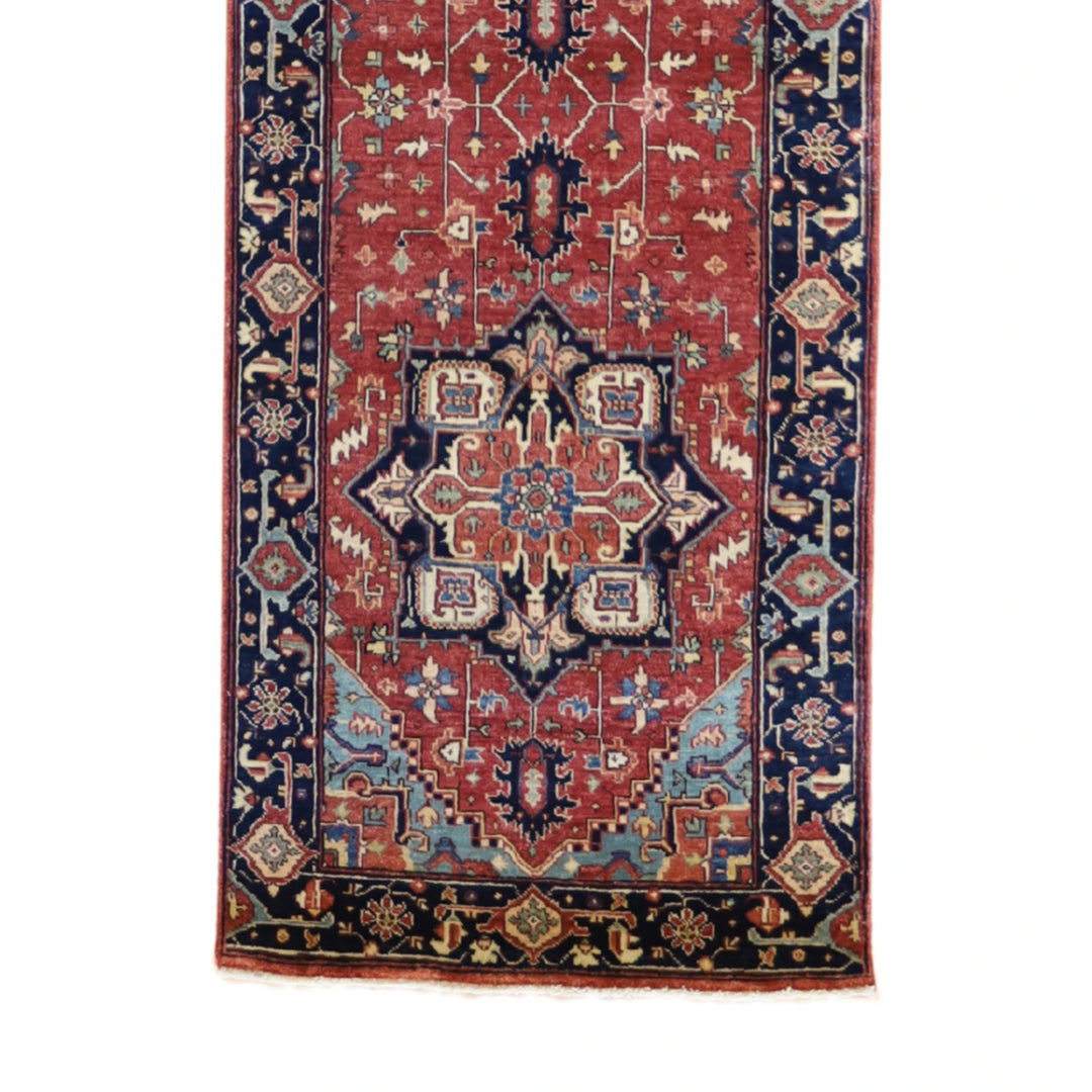 2'8" x 10'2" RED AND NAVY SERAPI GEOMETRIC INDIAN RUG