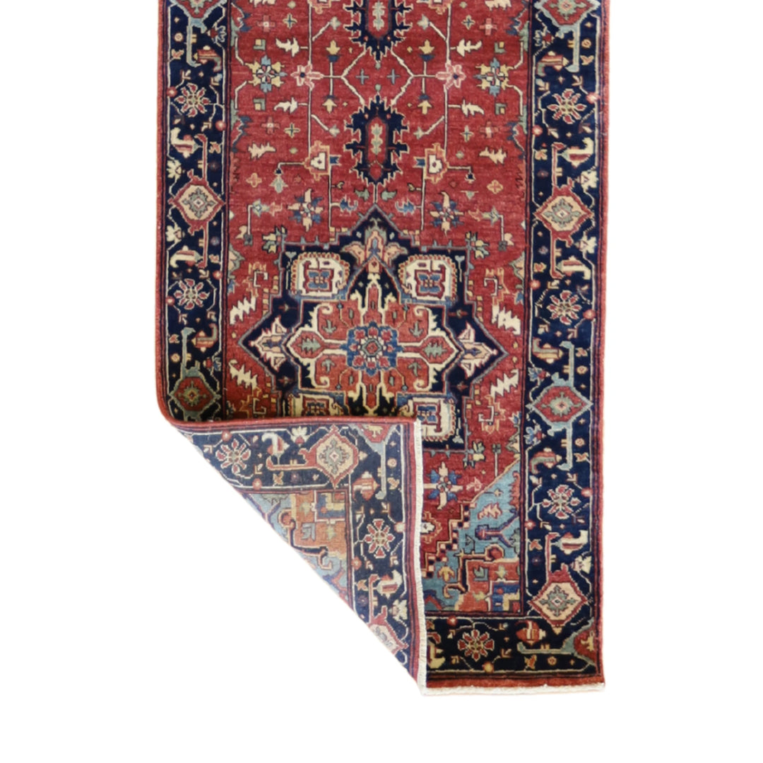 2'8" x 10'2" RED AND NAVY SERAPI GEOMETRIC INDIAN RUG