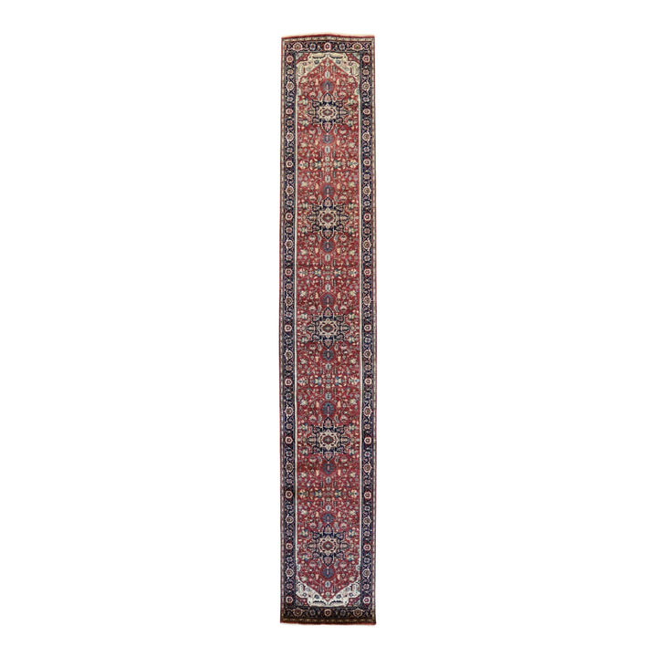2' 8" x 16' 2" RED AND NAVY SERAPI GEOMETRIC INDIAN RUG