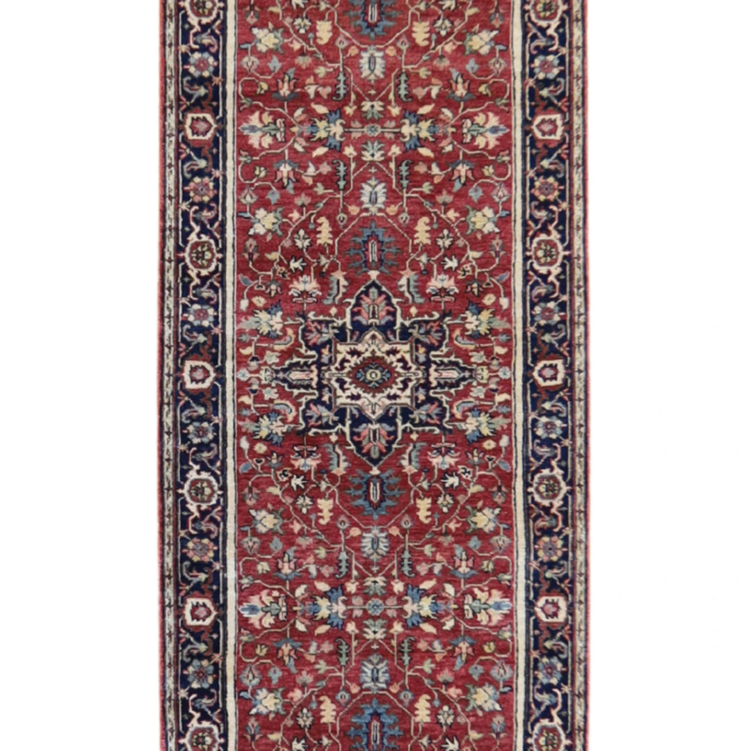 2' 8" x 16' 2" RED AND NAVY SERAPI GEOMETRIC INDIAN RUG