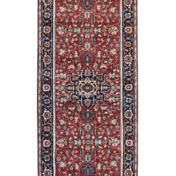 2' 8" x 16' 2" RED AND NAVY SERAPI GEOMETRIC INDIAN RUG