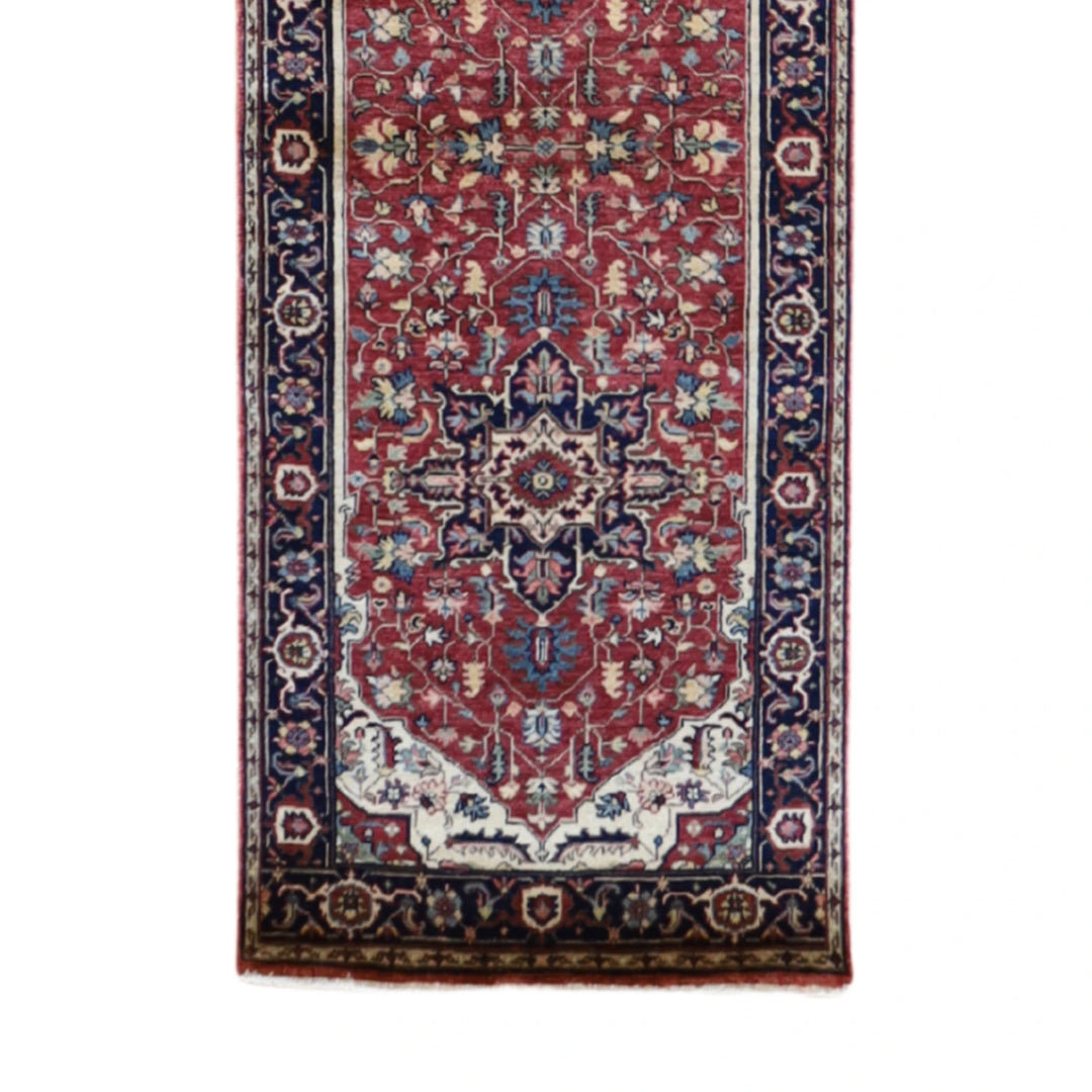 2' 8" x 16' 2" RED AND NAVY SERAPI GEOMETRIC INDIAN RUG