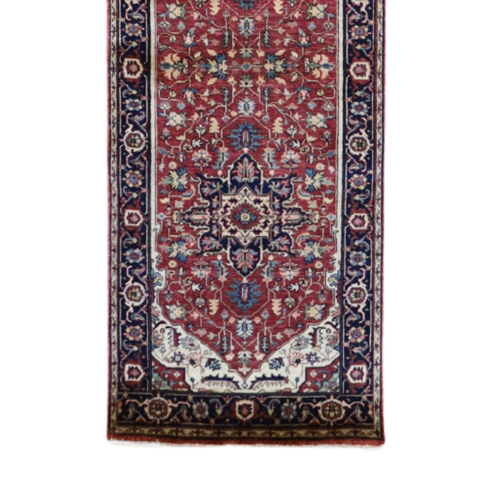 2' 8" x 16' 2" RED AND NAVY SERAPI GEOMETRIC INDIAN RUG