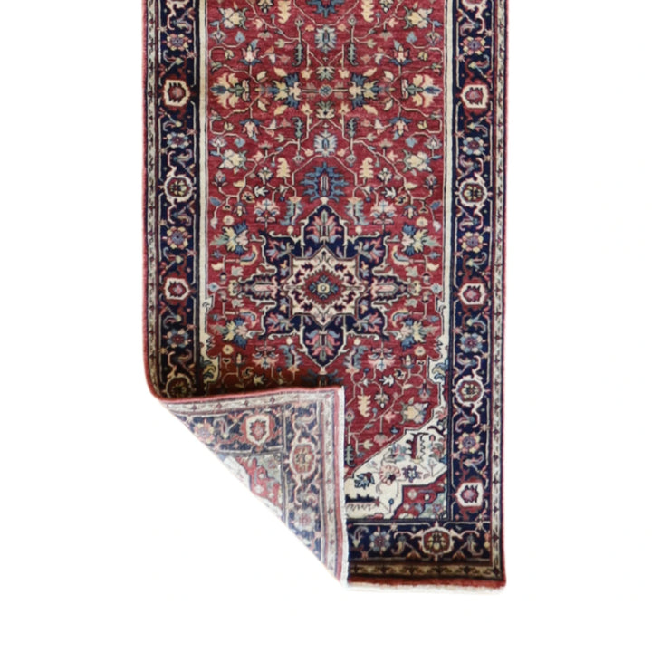 2' 8" x 16' 2" RED AND NAVY SERAPI GEOMETRIC INDIAN RUG