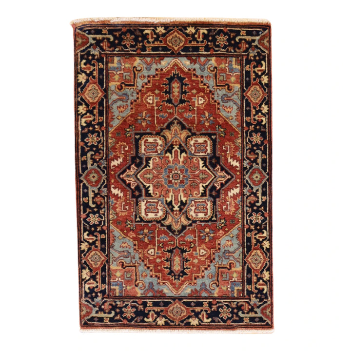 2'0" x 3'0" RUST AND NAVY SERAPI GEOMETRIC INDIAN RUG