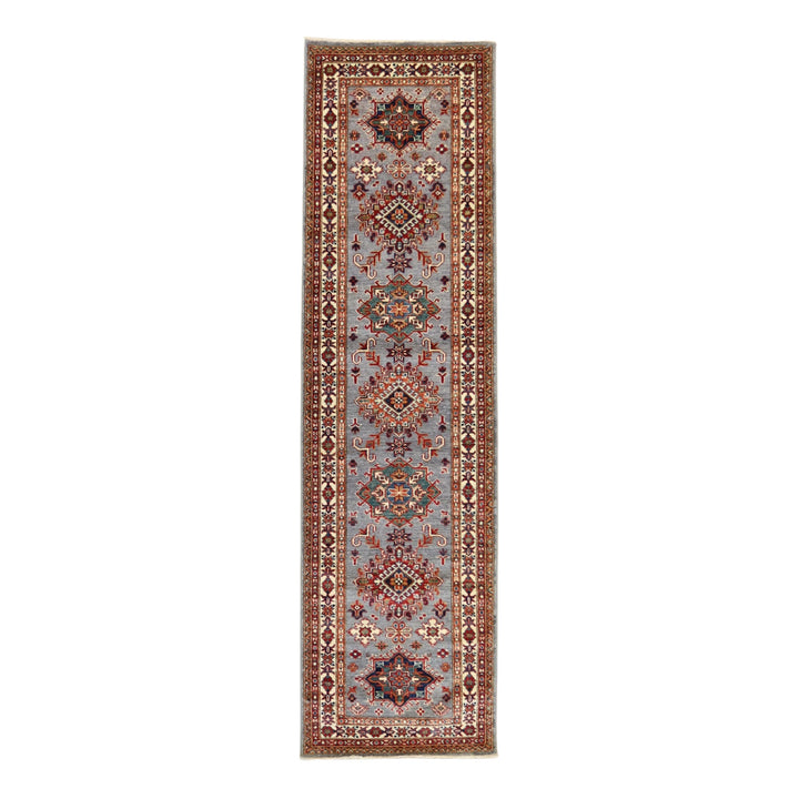 2' 7" x 9' 3" GRAY AND BEIGE KAZAK GEOMETRIC PAKISTANI RUG