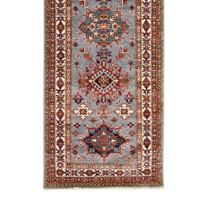 2' 7" x 9' 3" GRAY AND BEIGE KAZAK GEOMETRIC PAKISTANI RUG