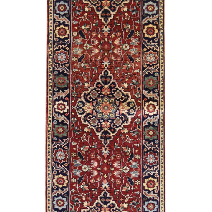 2' 7" x 10' 3" RUST AND NAVY SERAPI GEOMETRIC INDIAN RUG