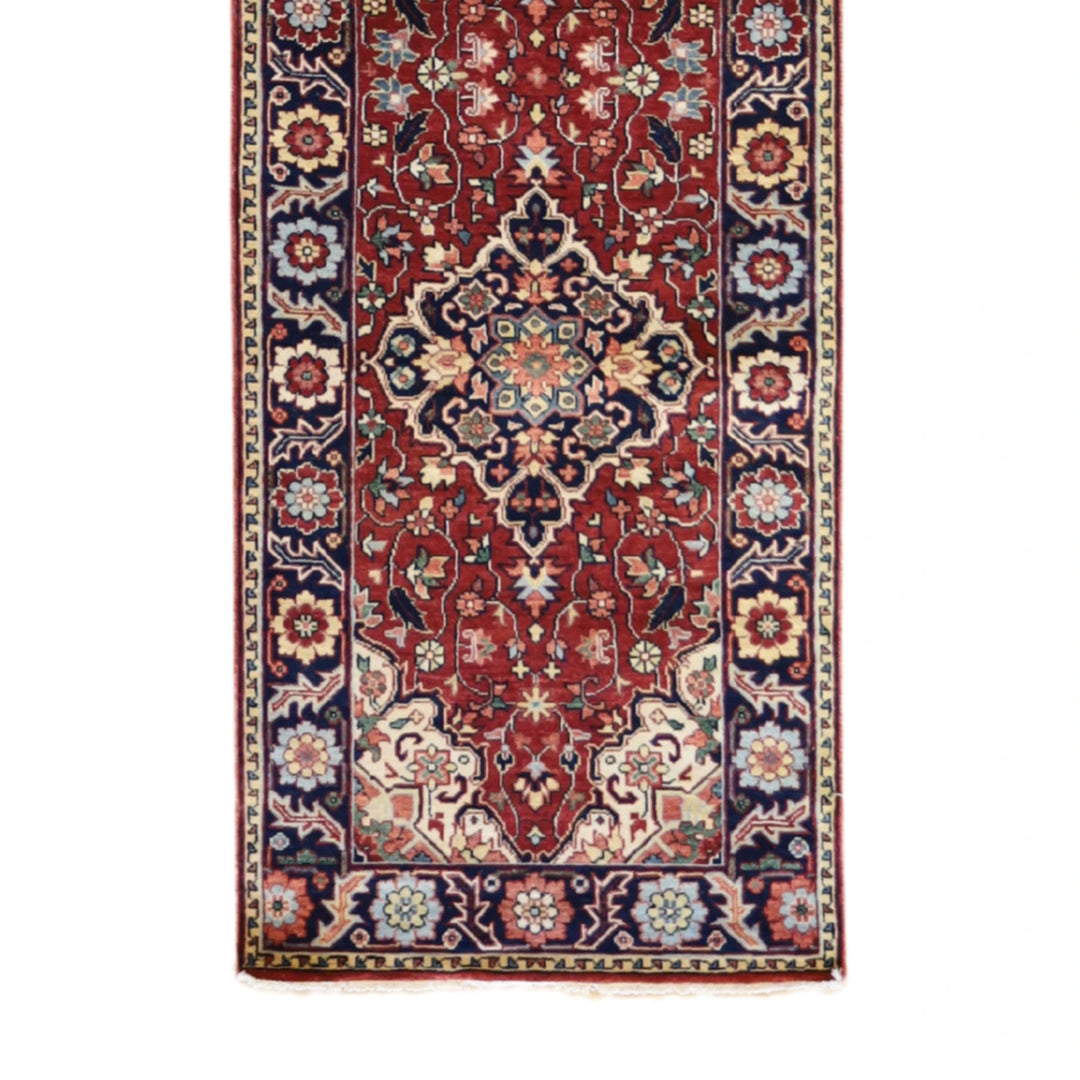 2' 7" x 10' 3" RUST AND NAVY SERAPI GEOMETRIC INDIAN RUG