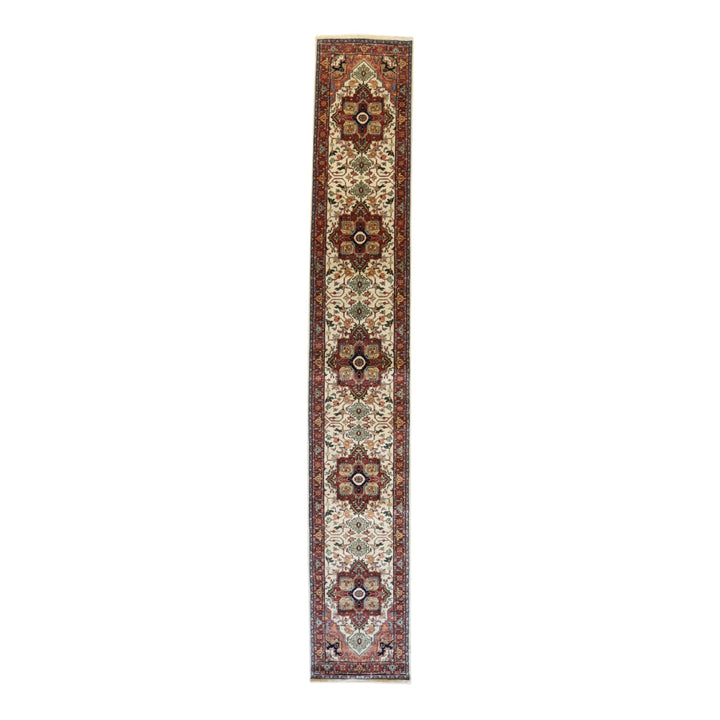 2' 6" x 16' 2" BEIGE AND RUST SERAPI GEOMETRIC INDIAN RUG