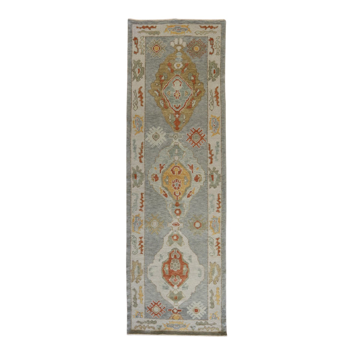 3' 1" x 9' 11" BLUE AND BEIGE OUSHAK GEOMETRIC TURKISH RUG