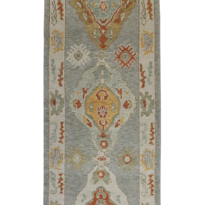 3' 1" x 9' 11" BLUE AND BEIGE OUSHAK GEOMETRIC TURKISH RUG