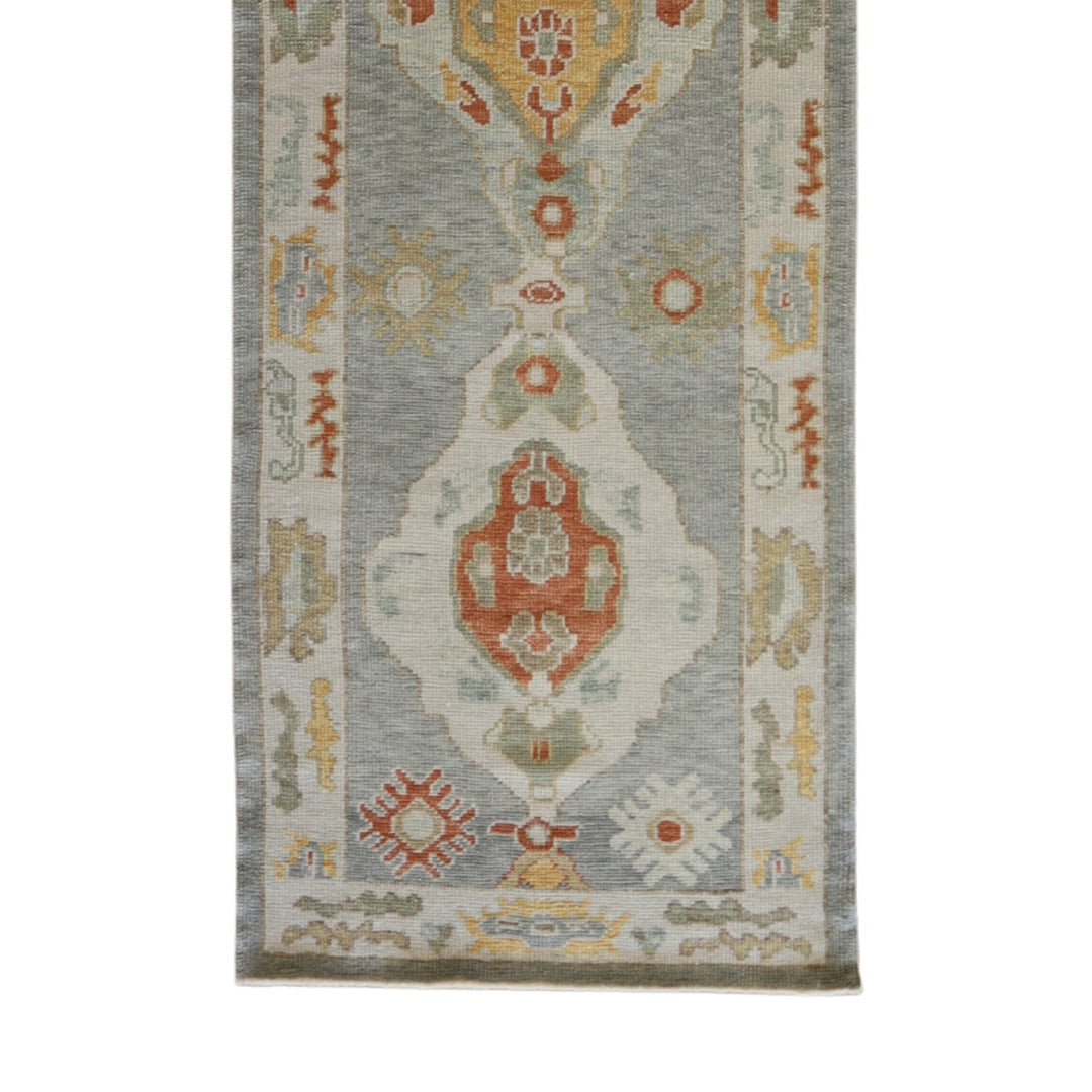 3' 1" x 9' 11" BLUE AND BEIGE OUSHAK GEOMETRIC TURKISH RUG